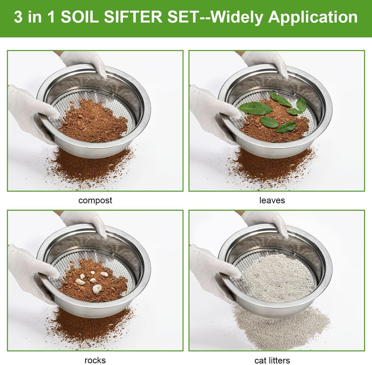 Soil Sieve Sifter Set Stainless Steel,Garden Sieve Set with 3 Interchangeable Mesh 1,3,5mm,Sifting Screen for Dirt, Sand, Rock, Filtration, Compost, with Soil Scoops Gardening Tool