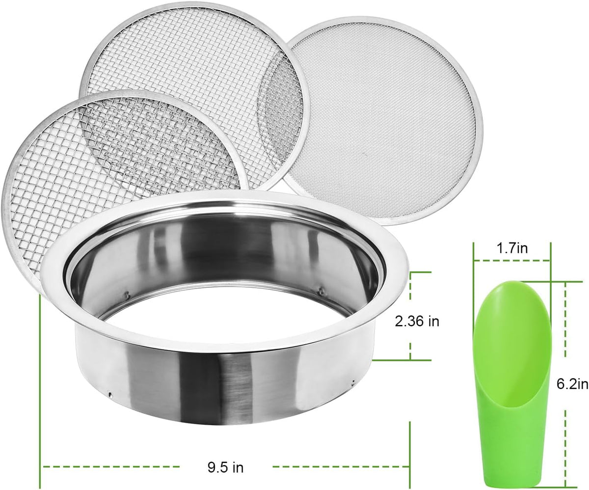 Soil Sieve Sifter Set Stainless Steel,Garden Sieve Set with 3 Interchangeable Mesh 1,3,5mm,Sifting Screen for Dirt, Sand, Rock, Filtration, Compost, with Soil Scoops Gardening Tool