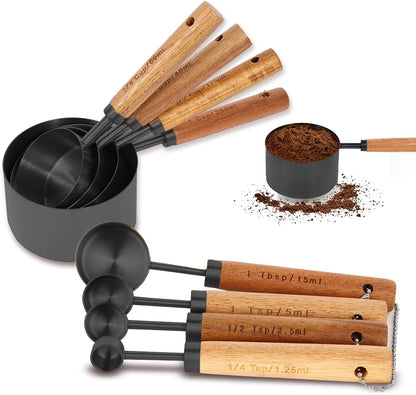 Measuring Cups and Spoons Set with Fragrant Wood Handles, Microwave safe