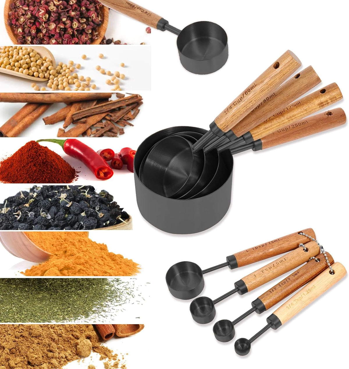 Measuring Cups and Spoons Set with Fragrant Wood Handles, Microwave safe
