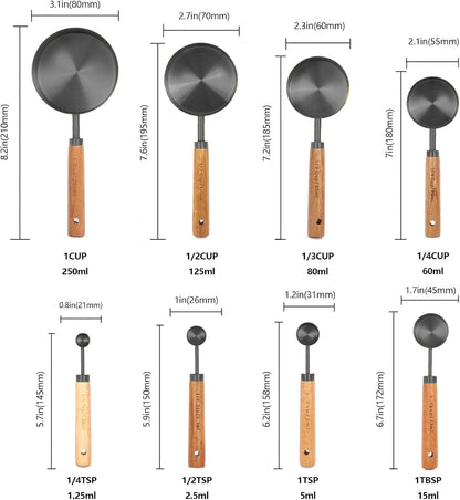 Measuring Cups and Spoons Set with Fragrant Wood Handles, Microwave safe