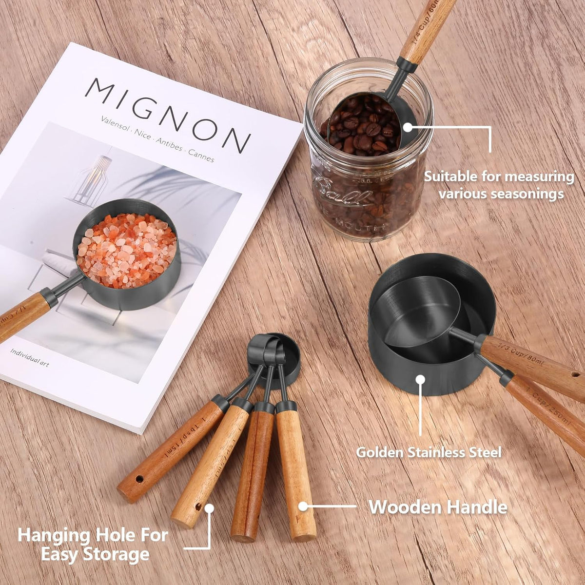Measuring Cups and Spoons Set with Fragrant Wood Handles, Microwave safe