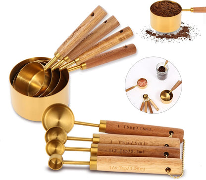 Measuring Cups and Spoons Set with Fragrant Wood Handles, Microwave safe