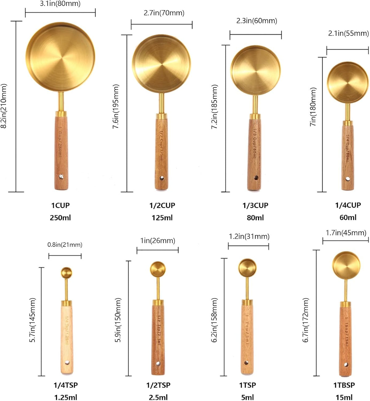 Measuring Cups and Spoons Set with Fragrant Wood Handles, Microwave safe