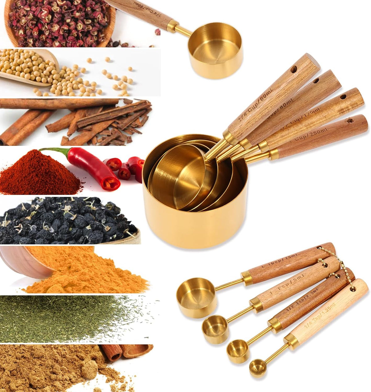 Measuring Cups and Spoons Set with Fragrant Wood Handles, Microwave safe