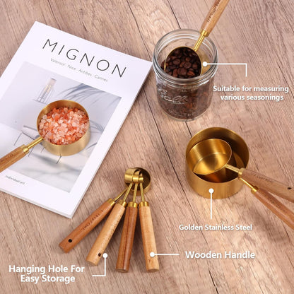Measuring Cups and Spoons Set with Fragrant Wood Handles, Microwave safe