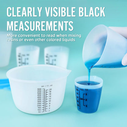 Silicone Resin Mixing Measuring Cups for Resin Supplies, Easy-to-read Marks, 600ml/20oz Bowl, 250&100ml Thickened Reusable Silicone Cups for Epoxy Mixing, with Stir Sticks, Jewelry Making