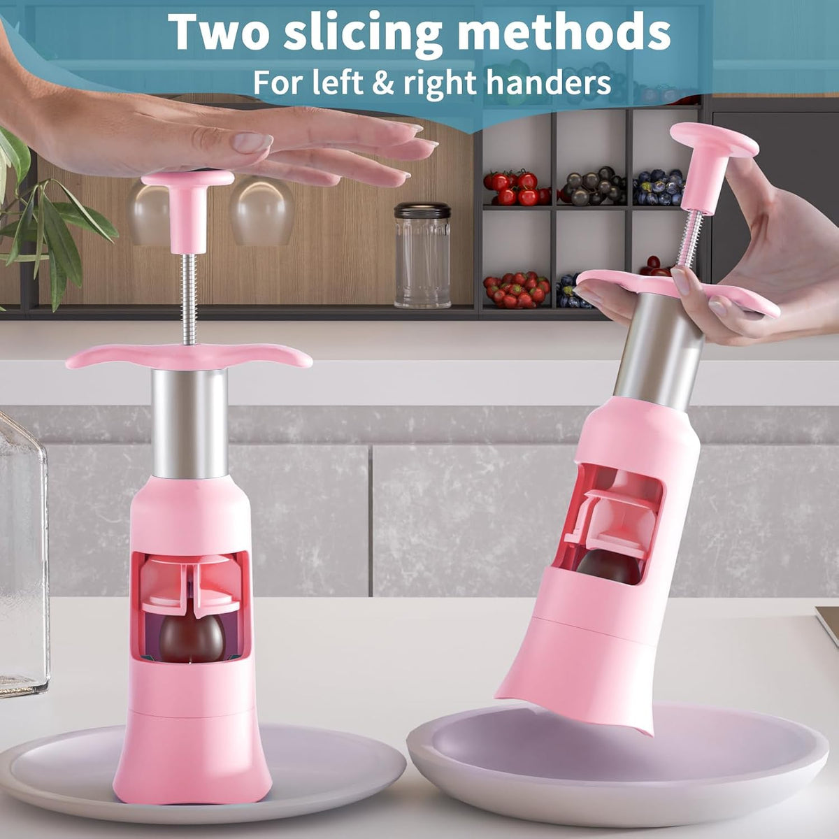Newness Grape Cutter Tool - Stainless Steel Kitchen Gadgets with 2 Straw Brushes & 2 Types of Slicing - Cherry, Grape, Tomato - Baby Fruit Cutter (Pink)