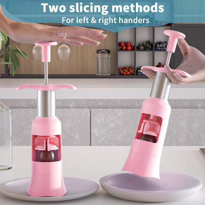 Newness Grape Cutter Tool - Stainless Steel Kitchen Gadgets with 2 Straw Brushes & 2 Types of Slicing - Cherry, Grape, Tomato - Baby Fruit Cutter (Pink)
