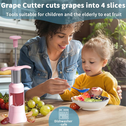 Newness Grape Cutter Tool - Stainless Steel Kitchen Gadgets with 2 Straw Brushes & 2 Types of Slicing - Cherry, Grape, Tomato - Baby Fruit Cutter (Pink)