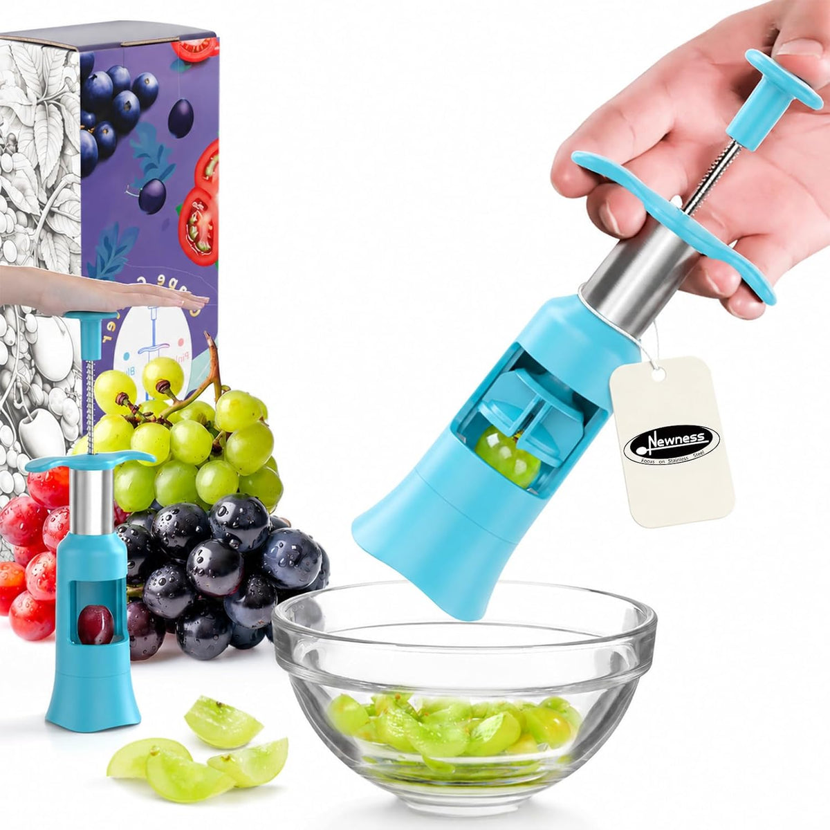 Newness Grape Cutter Tool - Stainless Steel Kitchen Gadgets with 2 Straw Brushes & 2 Types of Slicing - Cherry, Grape, Tomato - Baby Fruit Cutter (Pink)
