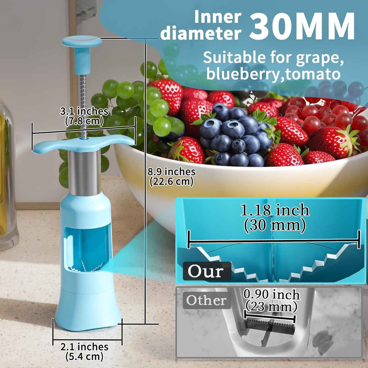 Newness Grape Cutter Tool - Stainless Steel Kitchen Gadgets with 2 Straw Brushes & 2 Types of Slicing - Cherry, Grape, Tomato - Baby Fruit Cutter (Pink)