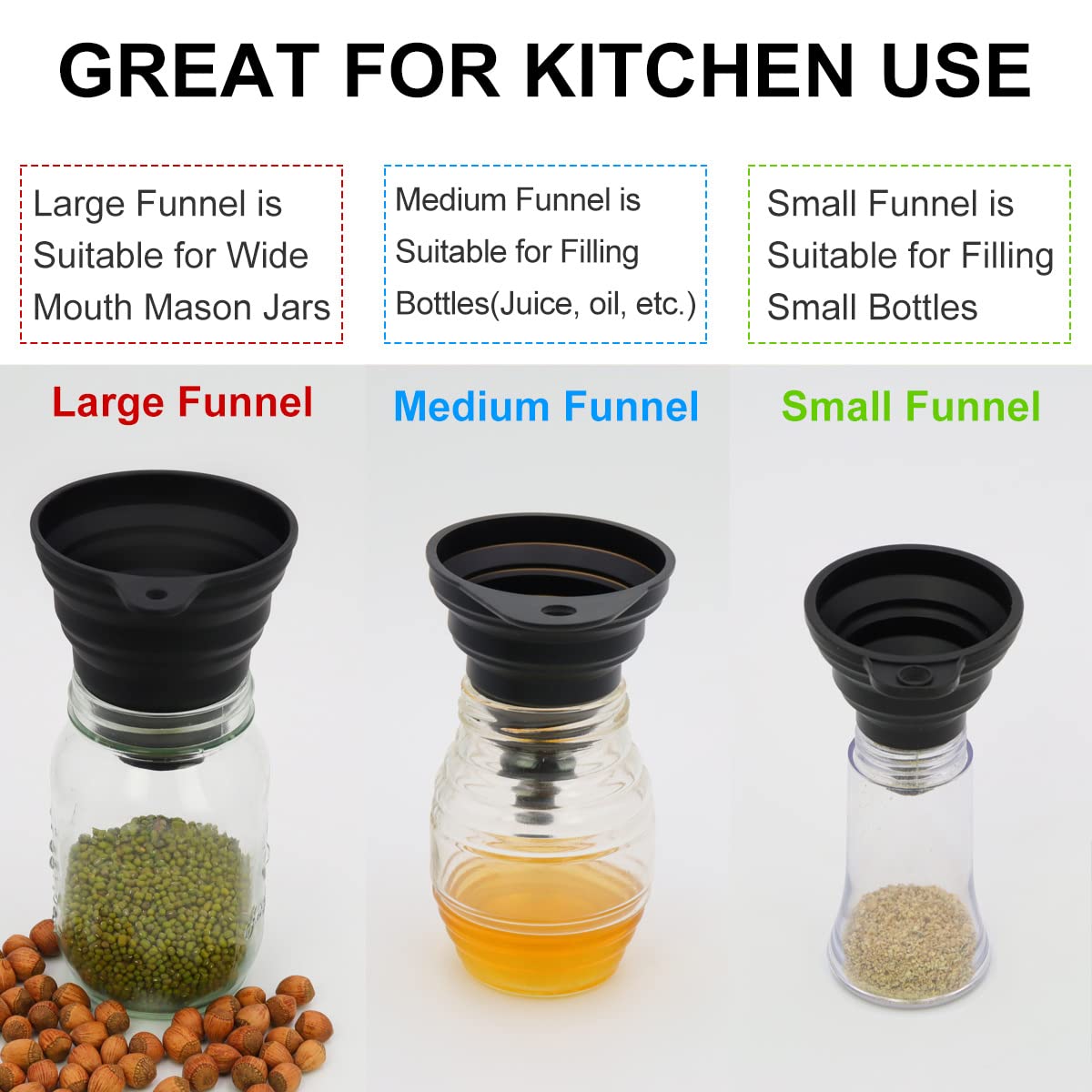 3 Sizes of Kitchen Funnel Set, Food Grade Funnels for Filling Bottles, Premium Silicone Collapsible Funnel for Transferring Liquid, Powder Transfer, Large Wide Mouth Canning Funnel, Small Funnel, HPWT