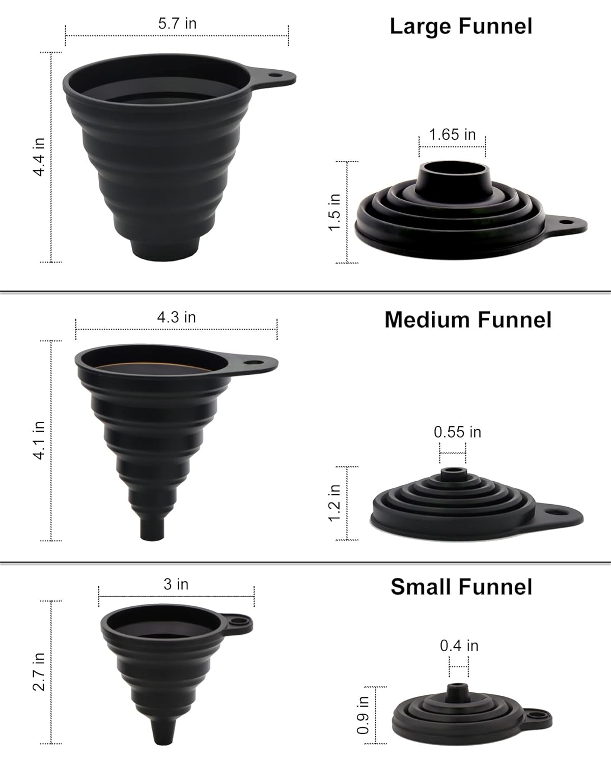 3 Sizes of Kitchen Funnel Set, Food Grade Funnels for Filling Bottles, Premium Silicone Collapsible Funnel for Transferring Liquid, Powder Transfer, Large Wide Mouth Canning Funnel, Small Funnel, HPWT