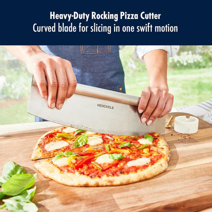 BBQ 2-pc Stainless Steel Pizza Cutter and Bench Scraper Set, Rocking Blade with Safety Guard and Measuring Scraper for Dough, BBQ and Baking