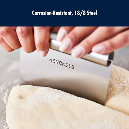 BBQ 2-pc Stainless Steel Pizza Cutter and Bench Scraper Set, Rocking Blade with Safety Guard and Measuring Scraper for Dough, BBQ and Baking