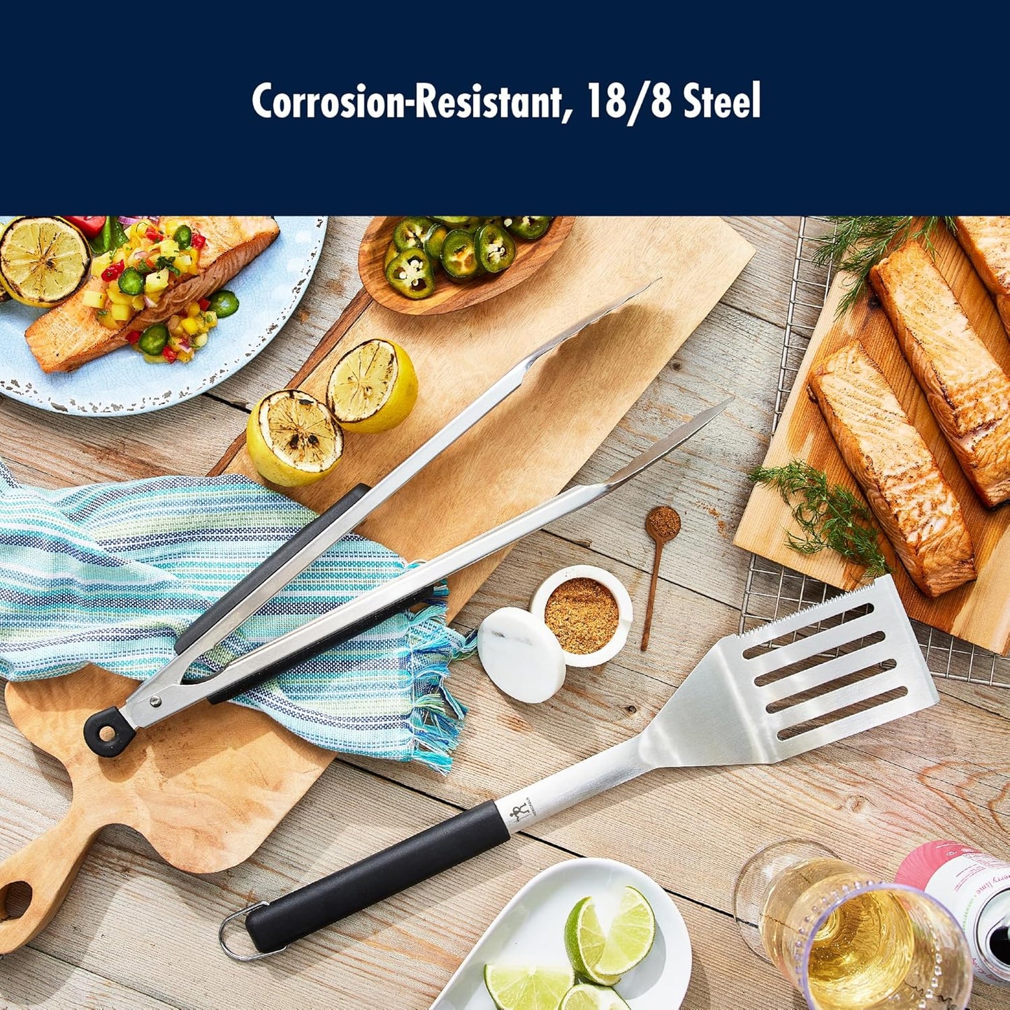 BBQ 2-pc Stainless Steel Pizza Cutter and Bench Scraper Set, Rocking Blade with Safety Guard and Measuring Scraper for Dough, BBQ and Baking
