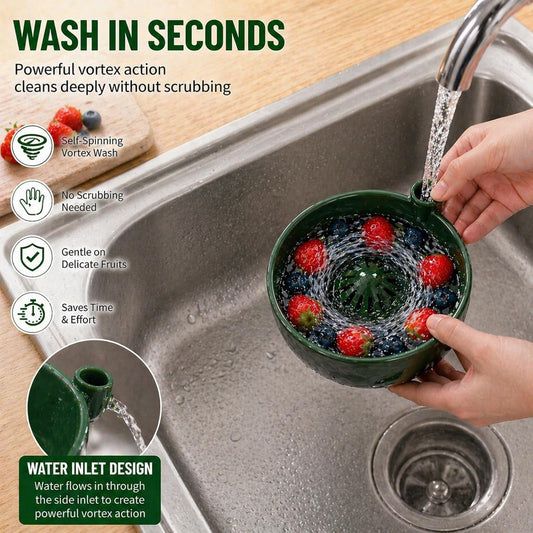 Self Spinning Berry Washing Bowl, Fruit & Vegetable Washer with Drain, 360° Vortex Cleaning, Rapid Wash Multipurpose Kitchen Colander, Multipurpose Kitchen Strainer Bowl (1)