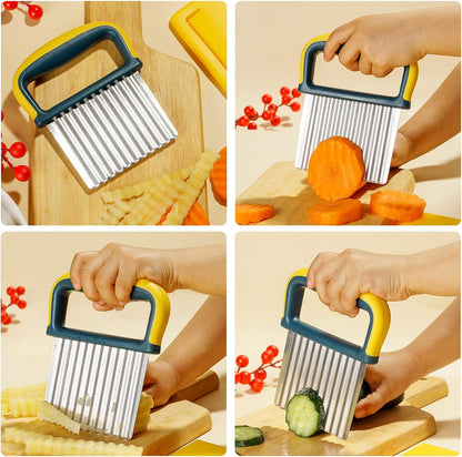 Crinkle Cutter Knife, Potatoes Crinkle Fry Cut and Vegetable Cutter for Veggies, Stainless Steel Carrot Slicer（Yellow）