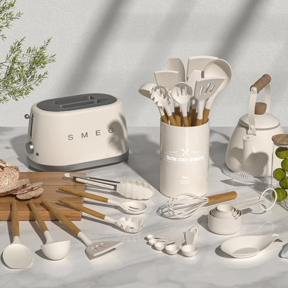 Kitchen Cooking Utensils Set, 33 pcs Non-Stick Silicone Cooking Kitchen Utensils Spatula Set with Holder, Wooden Handle Silicone Kitchen Gadgets Utensil Set (Khaki)
