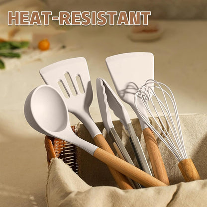 Kitchen Cooking Utensils Set, 33 pcs Non-Stick Silicone Cooking Kitchen Utensils Spatula Set with Holder, Wooden Handle Silicone Kitchen Gadgets Utensil Set (Khaki)