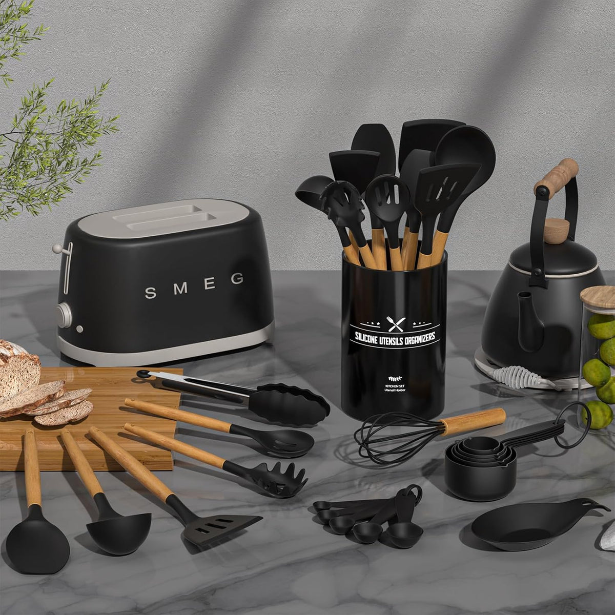 Kitchen Cooking Utensils Set, 33 pcs Non-Stick Silicone Cooking Kitchen Utensils Spatula Set with Holder, Wooden Handle Silicone Kitchen Gadgets Utensil Set (Khaki)