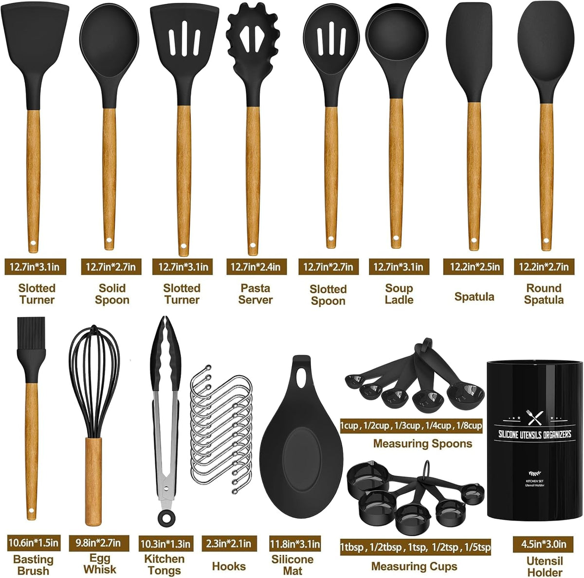 Kitchen Cooking Utensils Set, 33 pcs Non-Stick Silicone Cooking Kitchen Utensils Spatula Set with Holder, Wooden Handle Silicone Kitchen Gadgets Utensil Set (Khaki)