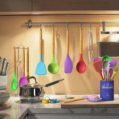 Kitchen Cooking Utensils Set, 33 pcs Non-Stick Silicone Cooking Kitchen Utensils Spatula Set with Holder, Wooden Handle Silicone Kitchen Gadgets Utensil Set (Khaki)