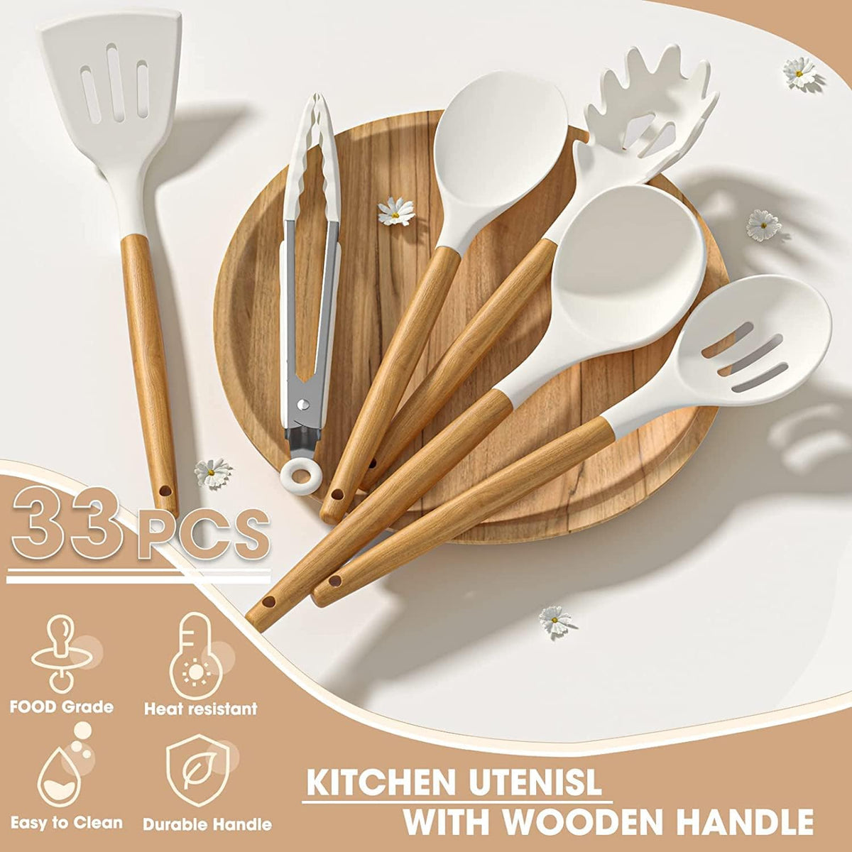 Kitchen Cooking Utensils Set, 33 pcs Non-Stick Silicone Cooking Kitchen Utensils Spatula Set with Holder, Wooden Handle Silicone Kitchen Gadgets Utensil Set (Khaki)