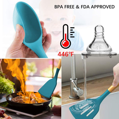 Kitchen Cooking Utensils Set, 33 pcs Non-Stick Silicone Cooking Kitchen Utensils Spatula Set with Holder, Wooden Handle Silicone Kitchen Gadgets Utensil Set (Khaki)