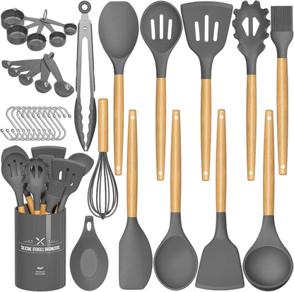 Kitchen Cooking Utensils Set, 33 pcs Non-Stick Silicone Cooking Kitchen Utensils Spatula Set with Holder, Wooden Handle Silicone Kitchen Gadgets Utensil Set (Khaki)