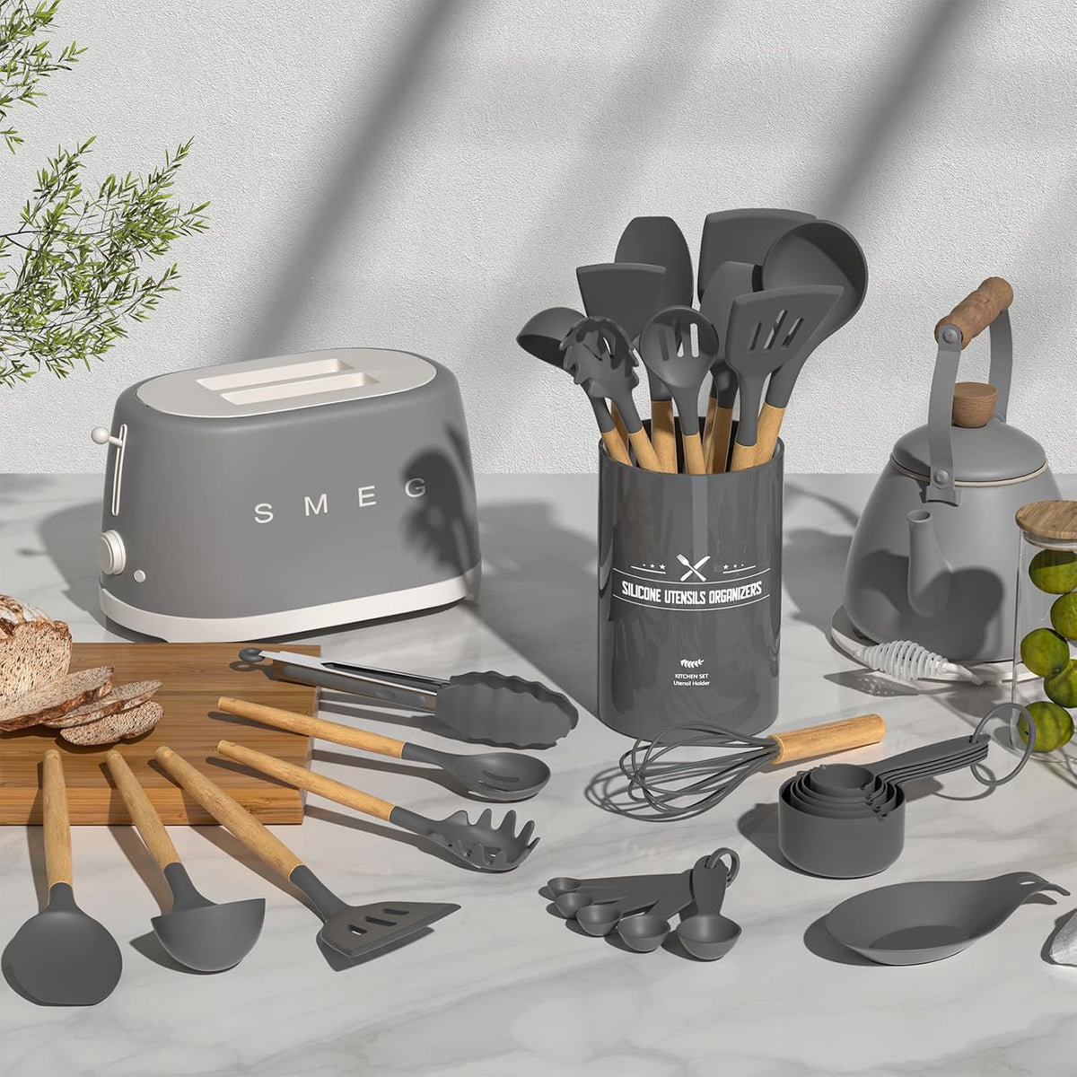 Kitchen Cooking Utensils Set, 33 pcs Non-Stick Silicone Cooking Kitchen Utensils Spatula Set with Holder, Wooden Handle Silicone Kitchen Gadgets Utensil Set (Khaki)