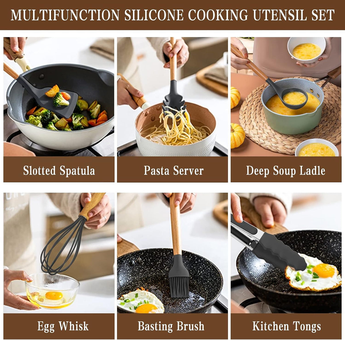 Kitchen Cooking Utensils Set, 33 pcs Non-Stick Silicone Cooking Kitchen Utensils Spatula Set with Holder, Wooden Handle Silicone Kitchen Gadgets Utensil Set (Khaki)