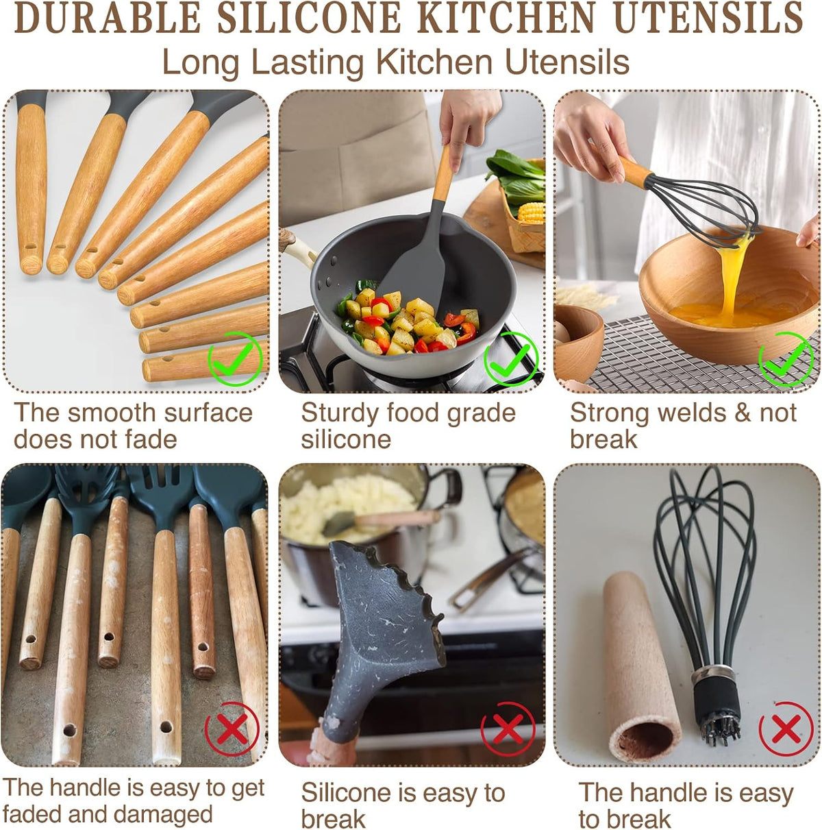 Kitchen Cooking Utensils Set, 33 pcs Non-Stick Silicone Cooking Kitchen Utensils Spatula Set with Holder, Wooden Handle Silicone Kitchen Gadgets Utensil Set (Khaki)