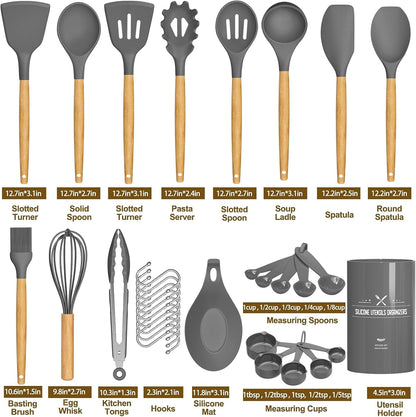 Kitchen Cooking Utensils Set, 33 pcs Non-Stick Silicone Cooking Kitchen Utensils Spatula Set with Holder, Wooden Handle Silicone Kitchen Gadgets Utensil Set (Khaki)