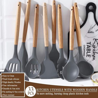 Kitchen Cooking Utensils Set, 33 pcs Non-Stick Silicone Cooking Kitchen Utensils Spatula Set with Holder, Wooden Handle Silicone Kitchen Gadgets Utensil Set (Khaki)