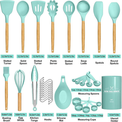 Kitchen Cooking Utensils Set, 33 pcs Non-Stick Silicone Cooking Kitchen Utensils Spatula Set with Holder, Wooden Handle Silicone Kitchen Gadgets Utensil Set (Khaki)