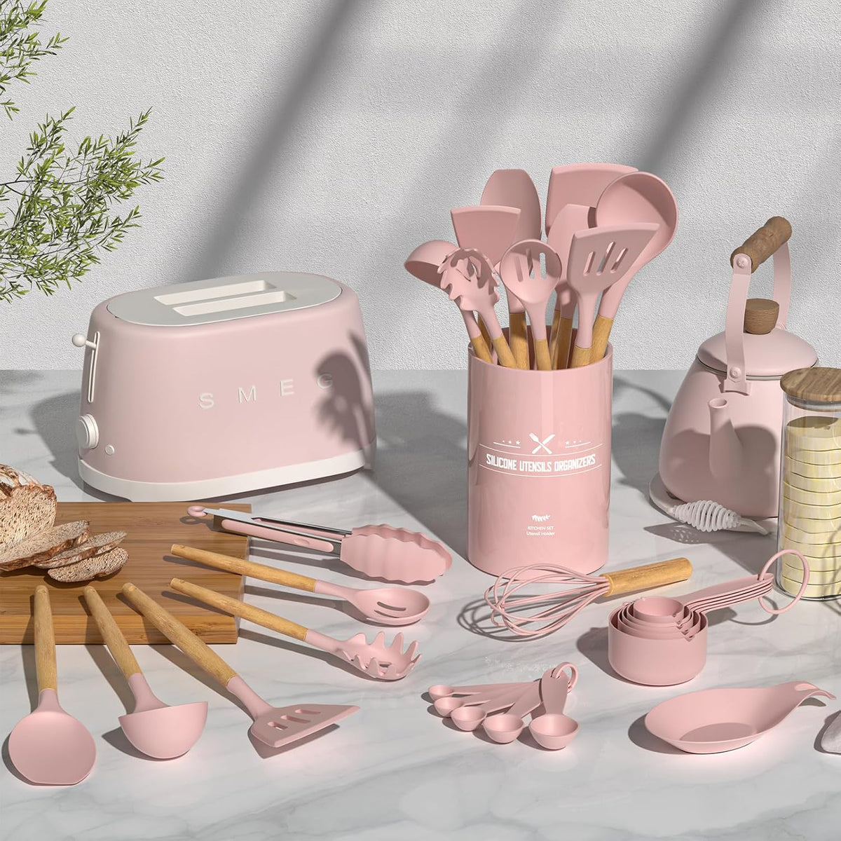Kitchen Cooking Utensils Set, 33 pcs Non-Stick Silicone Cooking Kitchen Utensils Spatula Set with Holder, Wooden Handle Silicone Kitchen Gadgets Utensil Set (Khaki)