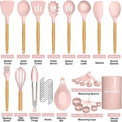 Kitchen Cooking Utensils Set, 33 pcs Non-Stick Silicone Cooking Kitchen Utensils Spatula Set with Holder, Wooden Handle Silicone Kitchen Gadgets Utensil Set (Khaki)