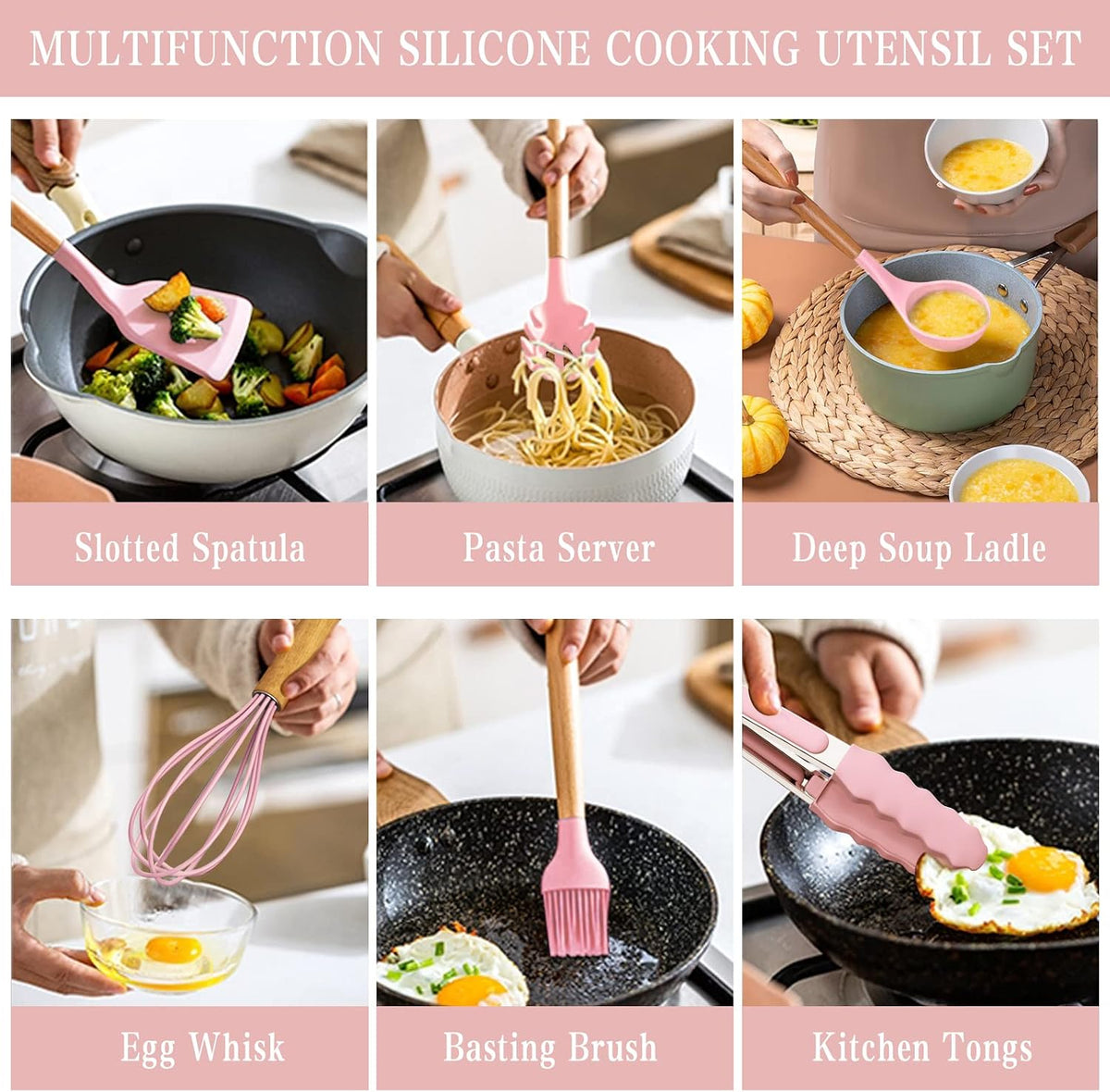 Kitchen Cooking Utensils Set, 33 pcs Non-Stick Silicone Cooking Kitchen Utensils Spatula Set with Holder, Wooden Handle Silicone Kitchen Gadgets Utensil Set (Khaki)