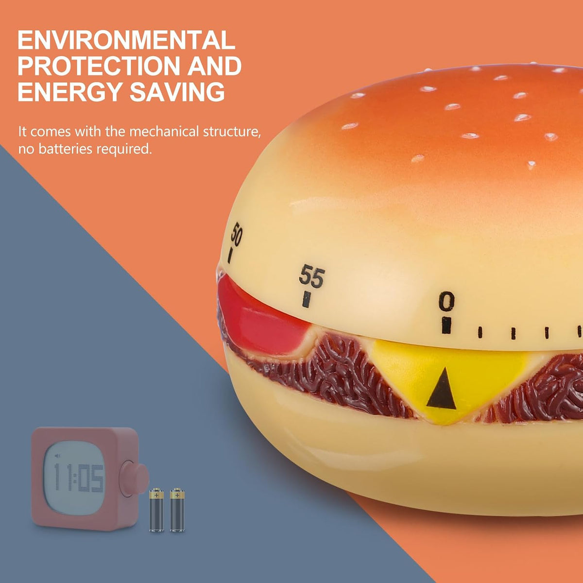 Mechanical Kitchen Timer, Burger Shaped 60-Minute Wind Rotating Countdown Egg Reminder Loud Ring Time Management for Baking Cooking Reminder