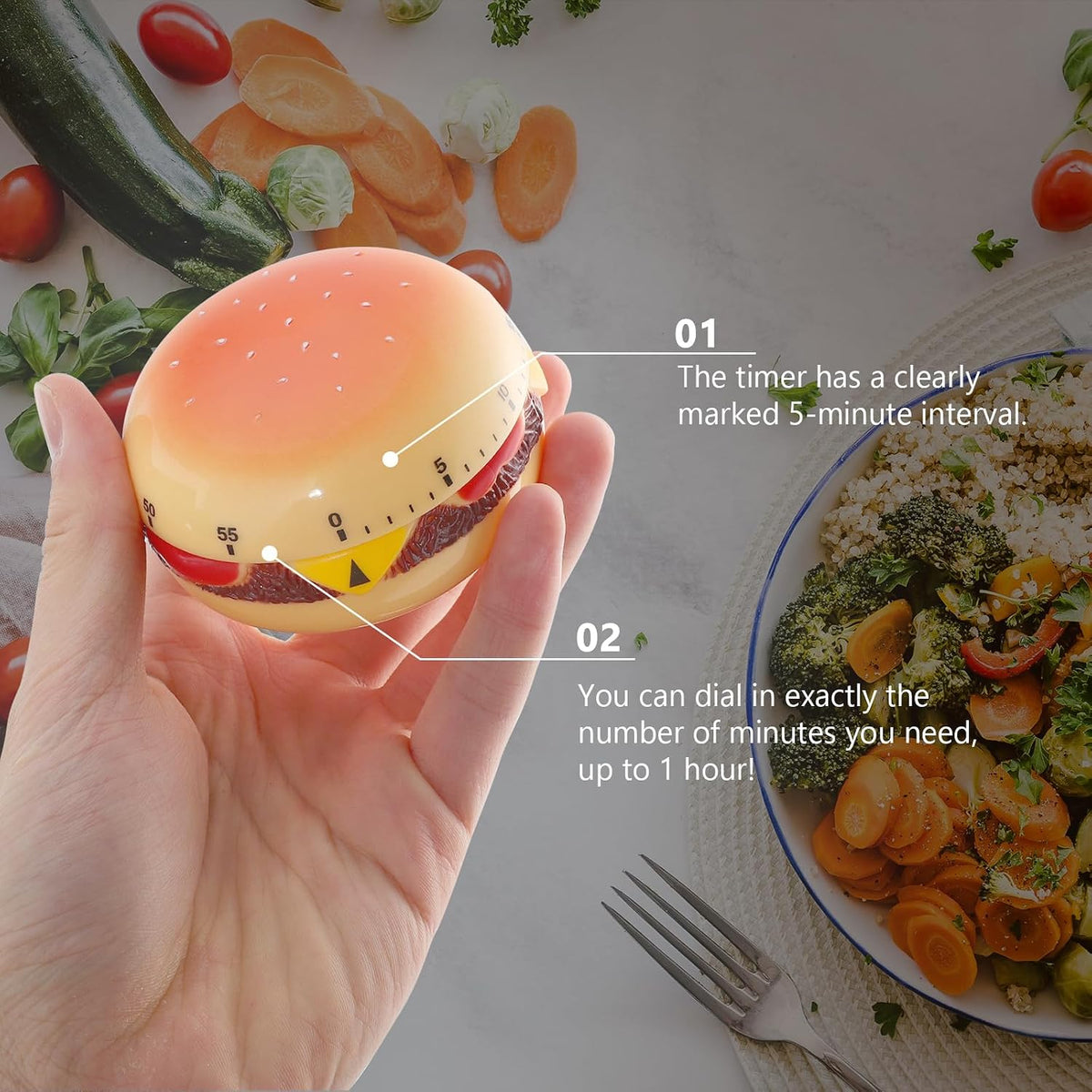Mechanical Kitchen Timer, Burger Shaped 60-Minute Wind Rotating Countdown Egg Reminder Loud Ring Time Management for Baking Cooking Reminder