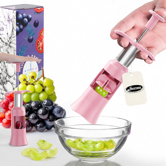 Grape Cutter Tool - Stainless Steel Kitchen Gadgets with 2 Straw Brushes & 2 Types of Slicing - Cherry, Grape, Tomato - Baby Fruit Cutter (Pink)
