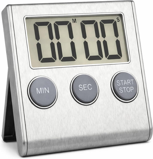 Digital Kitchen Timer with Loud 80dB Alarm & Large Display | Magnetic countdown timer with adjustable stand, auto memory, stopwatch feature for cooking, classroom, study, kids - Silver