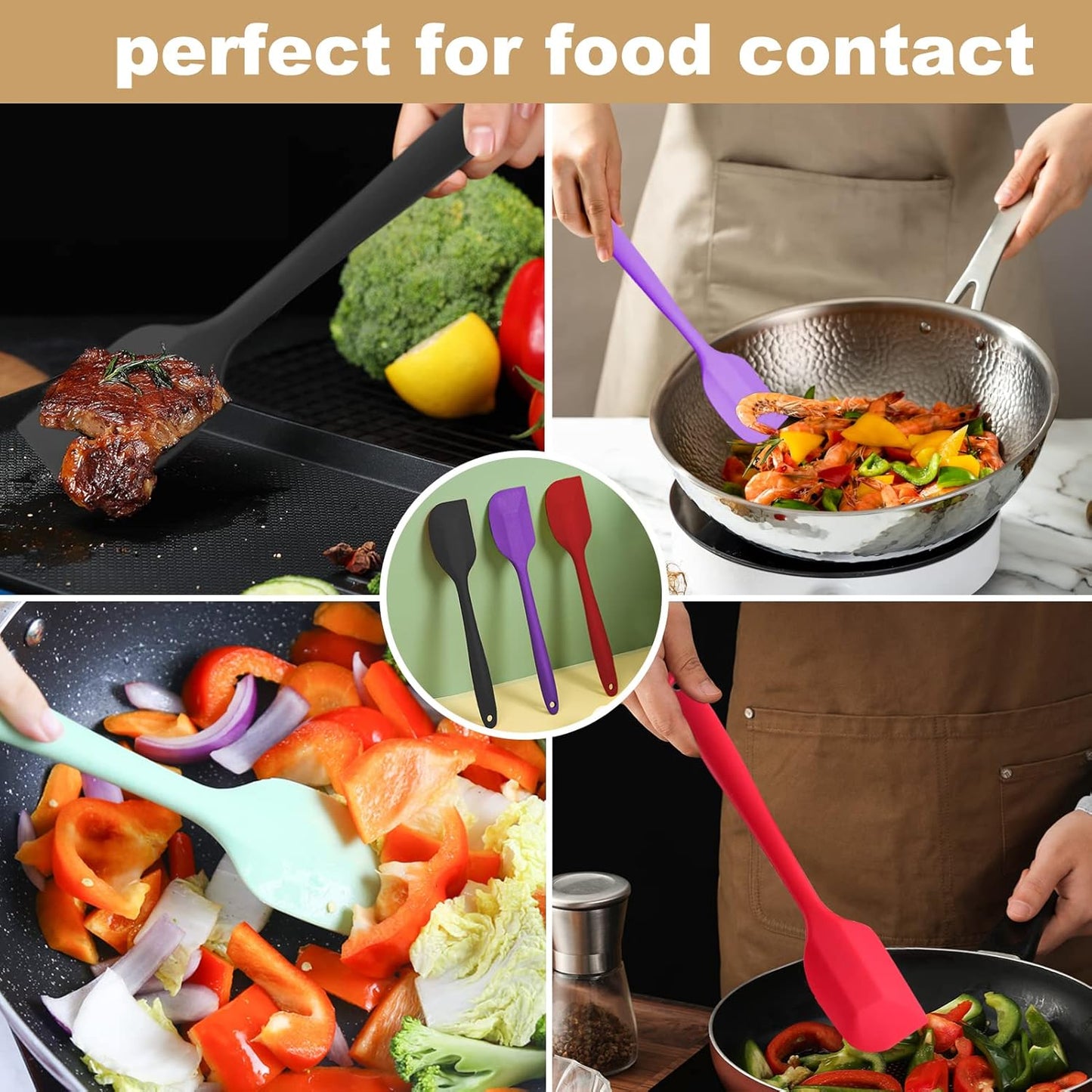Silicone Spatula Set, 6 Pack, 8.5 Inch, Heat Safe to 500°F | Flexible silicone heads scrape bowls and cookware without scratching, then clean easily by hand or dishwasher