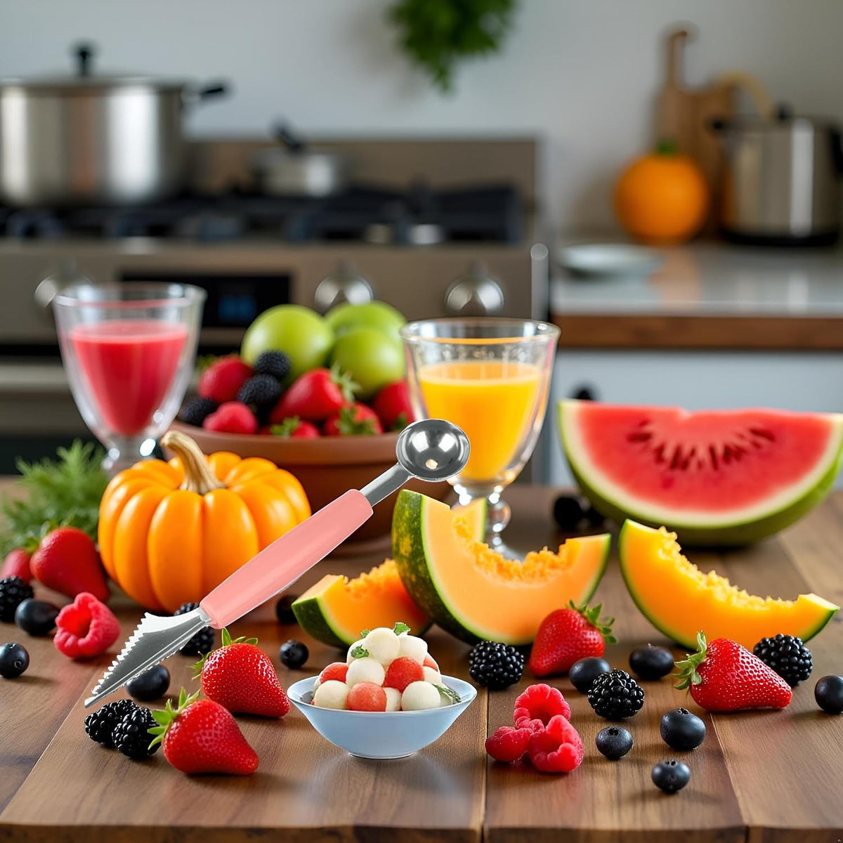 Pink 3-in-1 Fruit Ball Cutter, Fruit Ball Picker,Melon Fruit Cutter,Seed Removal, Stainless Steel Multi-functional Cutter, Carving Knife - Ice Cream Scoop Fruit Carving Cutter，Flatware，Fruit Knives
