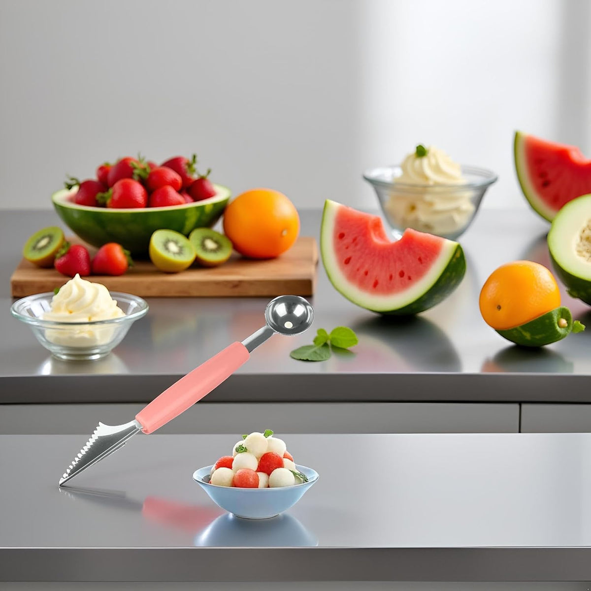 Pink 3-in-1 Fruit Ball Cutter, Fruit Ball Picker,Melon Fruit Cutter,Seed Removal, Stainless Steel Multi-functional Cutter, Carving Knife - Ice Cream Scoop Fruit Carving Cutter，Flatware，Fruit Knives