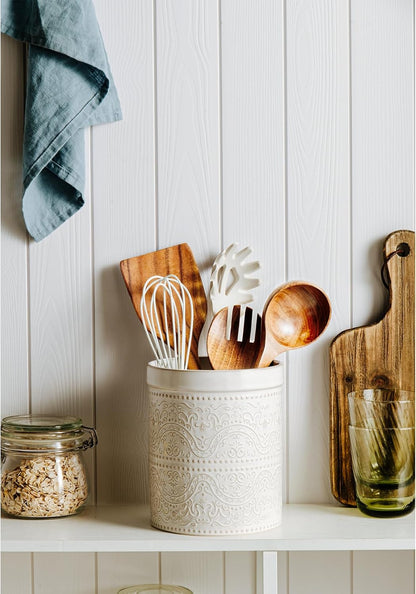 Kitchen Utensil Holder, 7 Inches Large Ceramic Utensil Holder for Countertop, Lace Emboss Cooking Utensil Crocks for Kitchen, Home Decor, Off-White