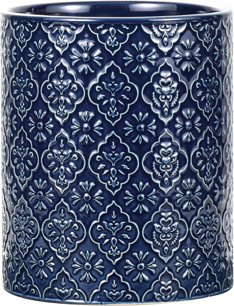 Kitchen Utensil Holder, 7 Inches Large Ceramic Utensil Holder for Countertop, Lace Emboss Cooking Utensil Crocks for Kitchen, Home Decor, Off-White