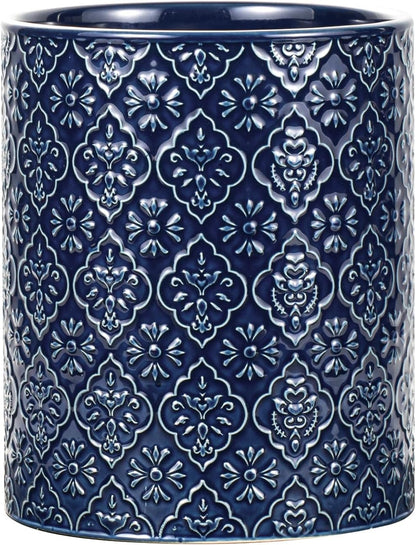 Kitchen Utensil Holder, 7 Inches Large Ceramic Utensil Holder for Countertop, Lace Emboss Cooking Utensil Crocks for Kitchen, Home Decor, Off-White
